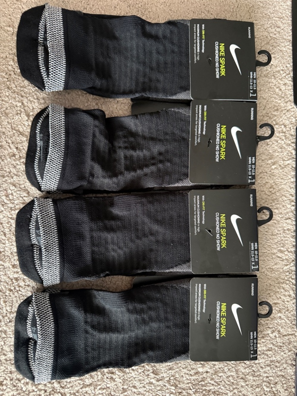 Nike Black Running No Show Socks - 4 Pack Size 10-11.5